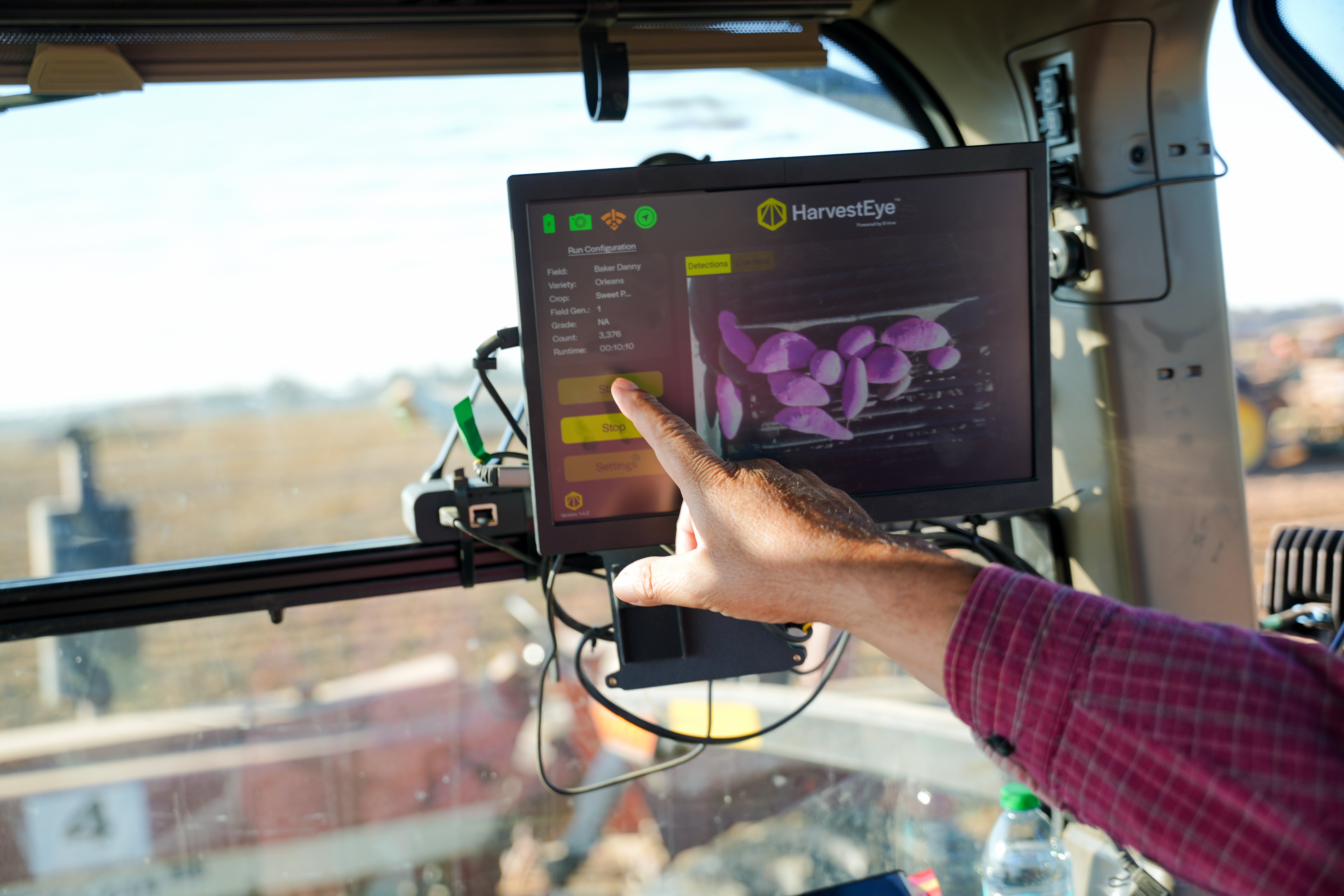 HarvestEye 2.0 Yield Monitoring System with one of Black Gold Farms harvester cabin monitoring sweet potatoes at source. Being easily operated with simple steps to activation providing data insights optimizing marketable yield.